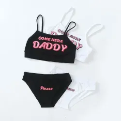Sexy Dessous-Set - kurzes Top - Schlüpfer - COME HERE DADDY PLEASE Schriftzug