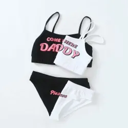 Sexy Dessous-Set - kurzes Top - Schlüpfer - COME HERE DADDY PLEASE Schriftzug