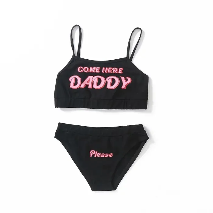 Sexy Dessous-Set - kurzes Top - Schlüpfer - COME HERE DADDY PLEASE Schriftzug