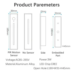 LED-Wandeinbauleuchte - mit Bewegungssensor - Innenbereich IP20 - 3W