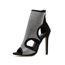 Sexy Sandaletten mit hohem Absatz - knöchellange Pumps - ausgehöhlt - mit Strasssteinen - Reißverschluss hinten