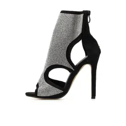 Sexy Sandaletten mit hohem Absatz - knöchellange Pumps - ausgehöhlt - mit Strasssteinen - Reißverschluss hinten