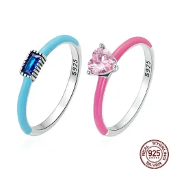 Rosa Zirkonherz / blauer quadratischer Zirkon - Ring aus 925er Sterlingsilber