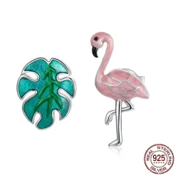 Ohrringe aus 925er Sterlingsilber - rosa Flamingo / grünes Blatt