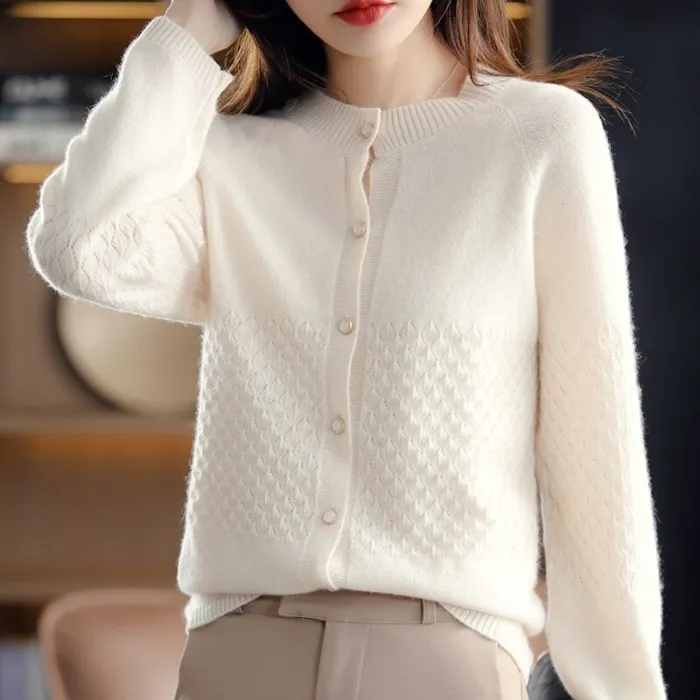 Round neck cardigan - short sweater with buttons - 100% woolHoodies & Jumpers