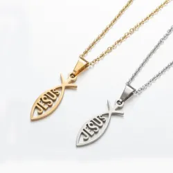 Fish shaped pendant / JESUS lettering - with necklaceNecklaces