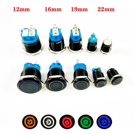 Schwarzer Druckschalter LED - wasserdicht - fest selbsthemmend - 12mm / 16mm / 19mm / 22mm - 5V / 12V / 220V