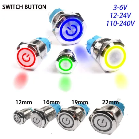Druckschalter aus Metall - wasserdicht - selbstrückstellend - LED - 12 mm / 16 mm / 19 mm / 22 mm - 6 V / 24 V / 220 V