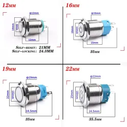 Druckschalter aus Metall - wasserdicht - selbstrückstellend - LED - 12 mm / 16 mm / 19 mm / 22 mm - 6 V / 24 V / 220 V