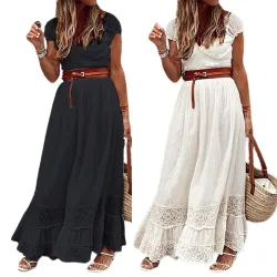 Elegantes Maxikleid - ausgehöhlte Stickereispitze - kurze Ärmel