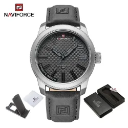 NAVIFORCE – Militär-Sportuhr – Quarz – wasserdicht – Lederarmband – grau