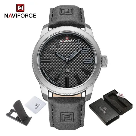 NAVIFORCE – Militär-Sportuhr – Quarz – wasserdicht – Lederarmband – grau