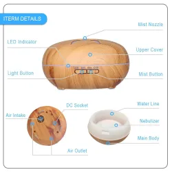 Ultraschall-Luftbefeuchter – Diffusor für ätherische Öle – Holzmaserung – LED – 500 ml