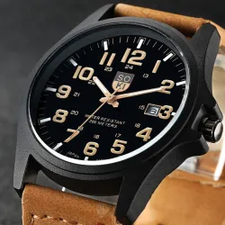 Modische Militär-Quarzuhr - Lederband - Unisex