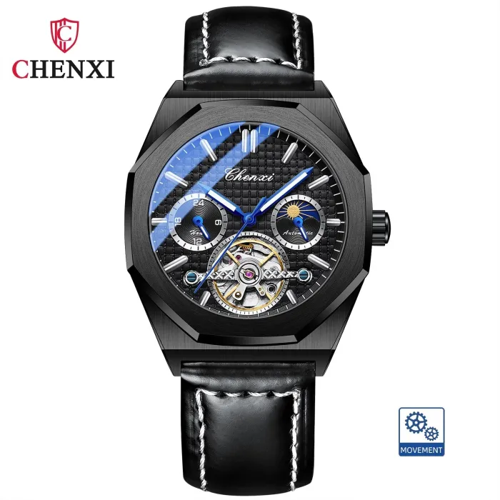 CHENXI – mechanische Uhr mit Tourbillon – leuchtend – wasserdicht – Lederarmband