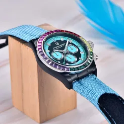 PAGANI DESIGN - mechanische Sportuhr - Chronograph - Regenbogenlünette - Lederarmband - blau