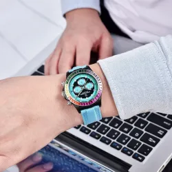 PAGANI DESIGN - mechanische Sportuhr - Chronograph - Regenbogenlünette - Lederarmband - blau