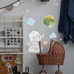 Leuchtender Wandaufkleber – Elefantenbaby / Mond / Luftballons – Tapete für Kinderzimmer