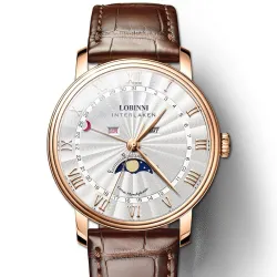 LOBINNI - Luxus-Quarzuhr - Mondphase - wasserdicht - Lederarmband - weiß / braun