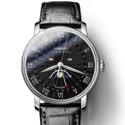LOBINNI - Luxus-Quarzuhr - Mondphase - wasserdicht - Lederarmband - schwarz