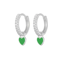 Round silver earrings with crystals / hanging heart - 925 sterling silverEarrings
