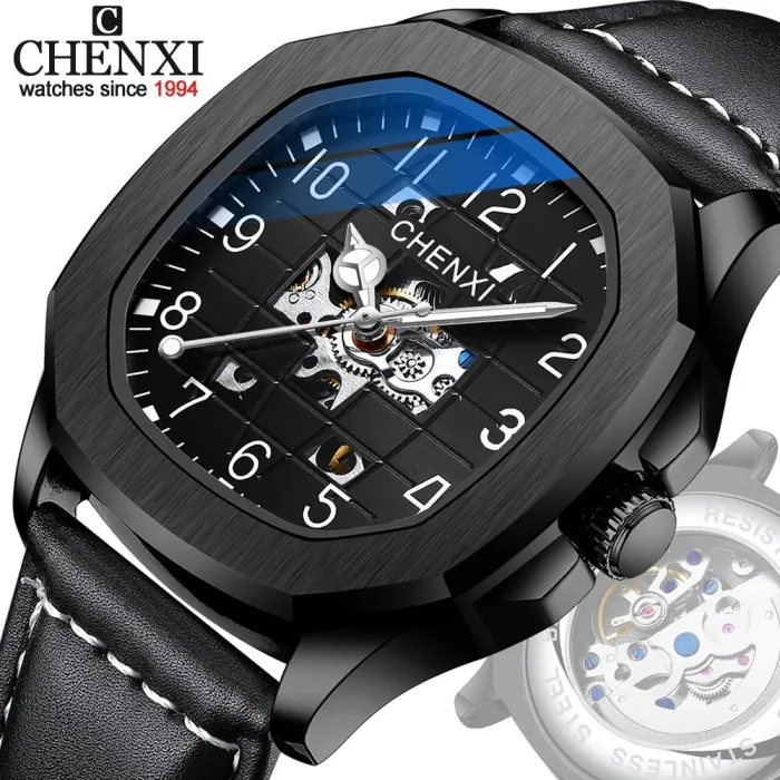CHENXI - automatische mechanische Quarzuhr - wasserdicht - skelettiertes Design - schwarz