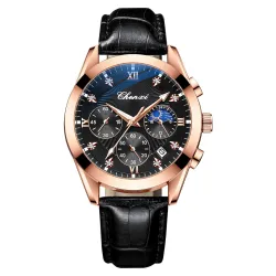 CHENXI - Sport-Quarzuhr - Wasserdicht - Lederarmband - Schwarz / Roségold