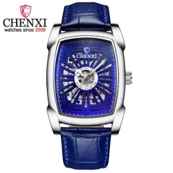 CHENXI - quadratische Automatikuhr - hohl geschnitztes Design - Lederarmband - silber / blau