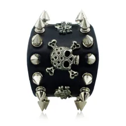Breites Lederarmband - Nieten - Totenkopf - Punk-Stil
