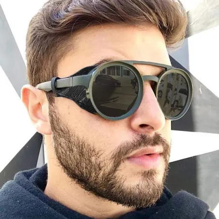 Runde Steampunk-Sonnenbrille - Lederverzierung - Unisex