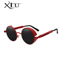 Runde Gothic-/Steampunk-Sonnenbrille – rote Gläser – Metallrahmen – UV 400 – Unisex