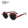 Runde Gothic-/Steampunk-Sonnenbrille – rote Gläser – Metallrahmen – UV 400 – Unisex