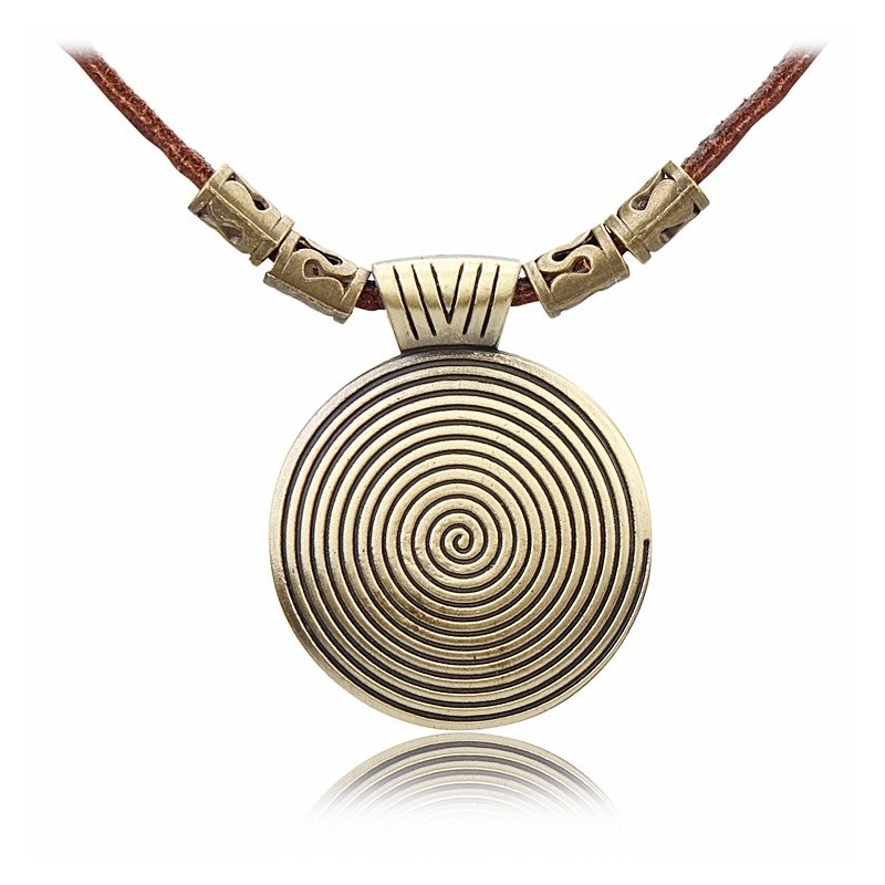 Vintage Halskette - runder Metallanhänger - Lederseil
