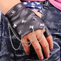 Fingerloser Lederhandschuh - mit Nieten / Ketten - Punk-Stil - Unisex