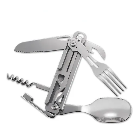 Klappgeschirr aus Edelstahl - Löffel / Messer / Flaschenöffner - Camping- / Reiseset