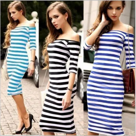 Schulterfreies, gestreiftes Kleid - schmal