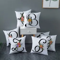 Dekorativer weißer Kissenbezug - schwarzes englisches Alphabet / Blumen - 45 * 45 cm