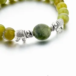 Green natural stone beads / silver elephant - braceletBracelets