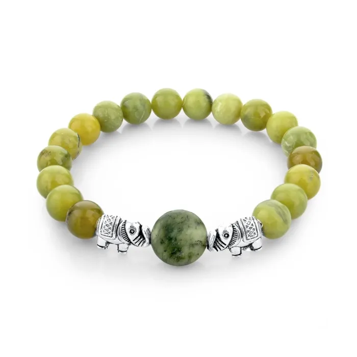 Green natural stone beads / silver elephant - braceletBracelets