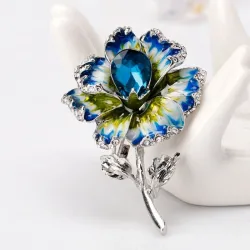Emaille blaue Blume mit Kristallen - Silberbrosche