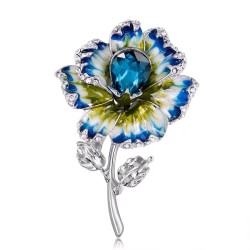 Emaille blaue Blume mit Kristallen - Silberbrosche