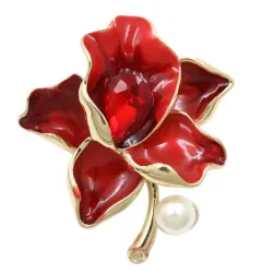 Blume mit Kristall / Perle - goldene Brosche