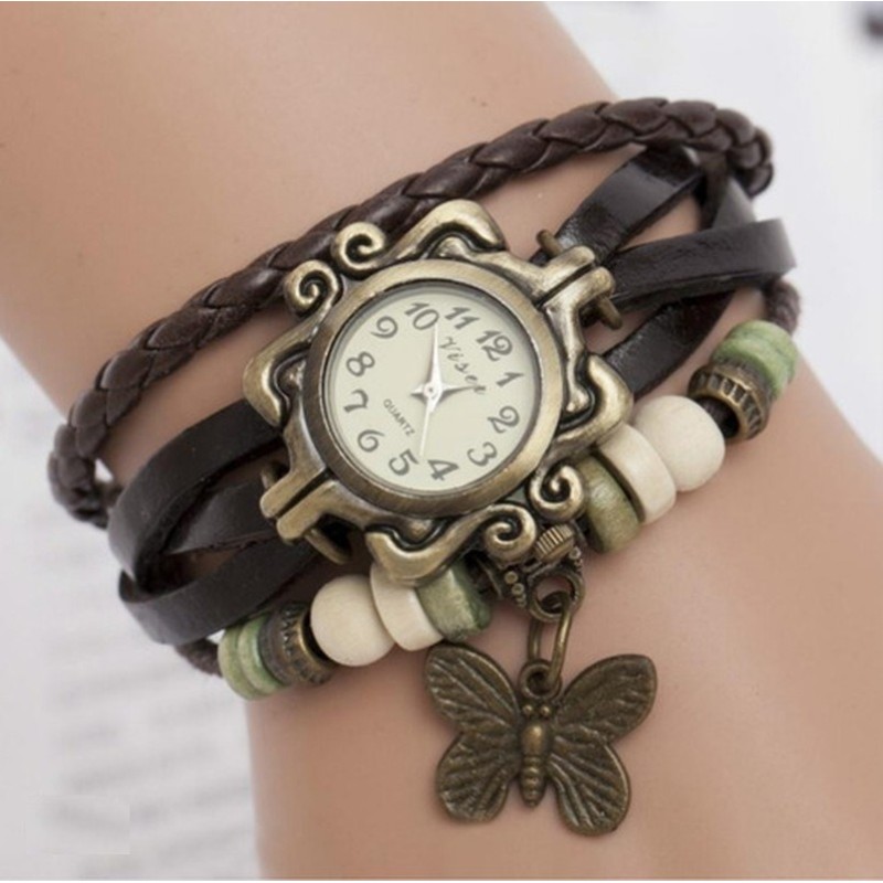 Vintage mehrschichtiges Armband - mit Quarzuhr - Perlen / Schmetterling