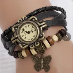 Vintage mehrschichtiges Armband - mit Quarzuhr - Perlen / Schmetterling