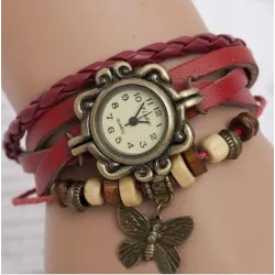 Vintage mehrschichtiges Armband - mit Quarzuhr - Perlen / Schmetterling