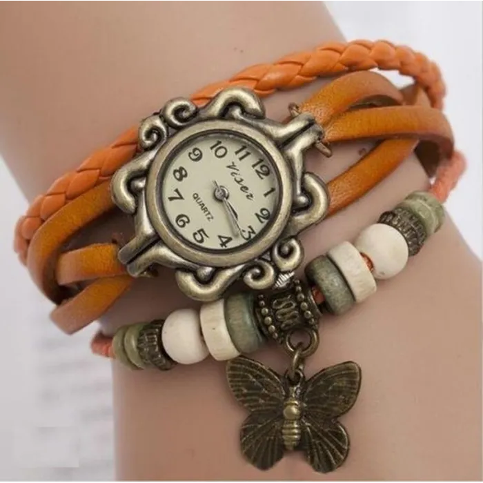 Vintage mehrschichtiges Armband - mit Quarzuhr - Perlen / Schmetterling