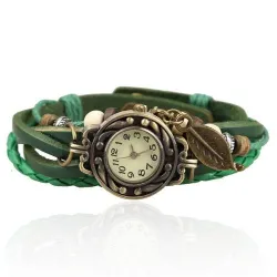 Mehrschichtiges Vintage-Armband - mit Quarzuhr - Perlen / Blatt