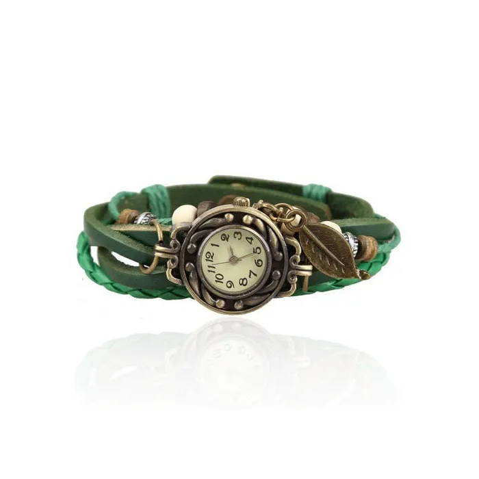 Mehrschichtiges Vintage-Armband - mit Quarzuhr - Perlen / Blatt