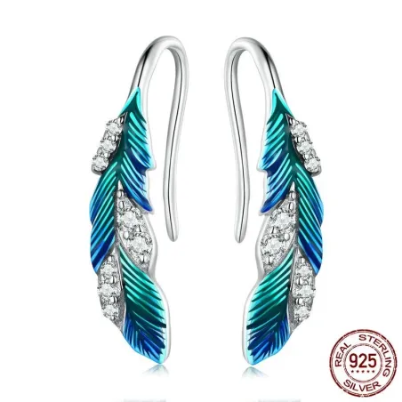 Grünblaue Kristallfedern - Ohrringe - 925er Sterlingsilber