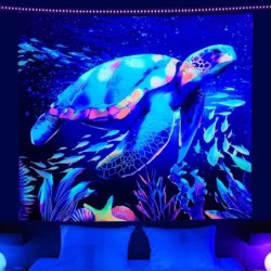 Fluoreszierender Wandteppich - leuchtende Schildkröte - Unterwasserwelt bedruckt
